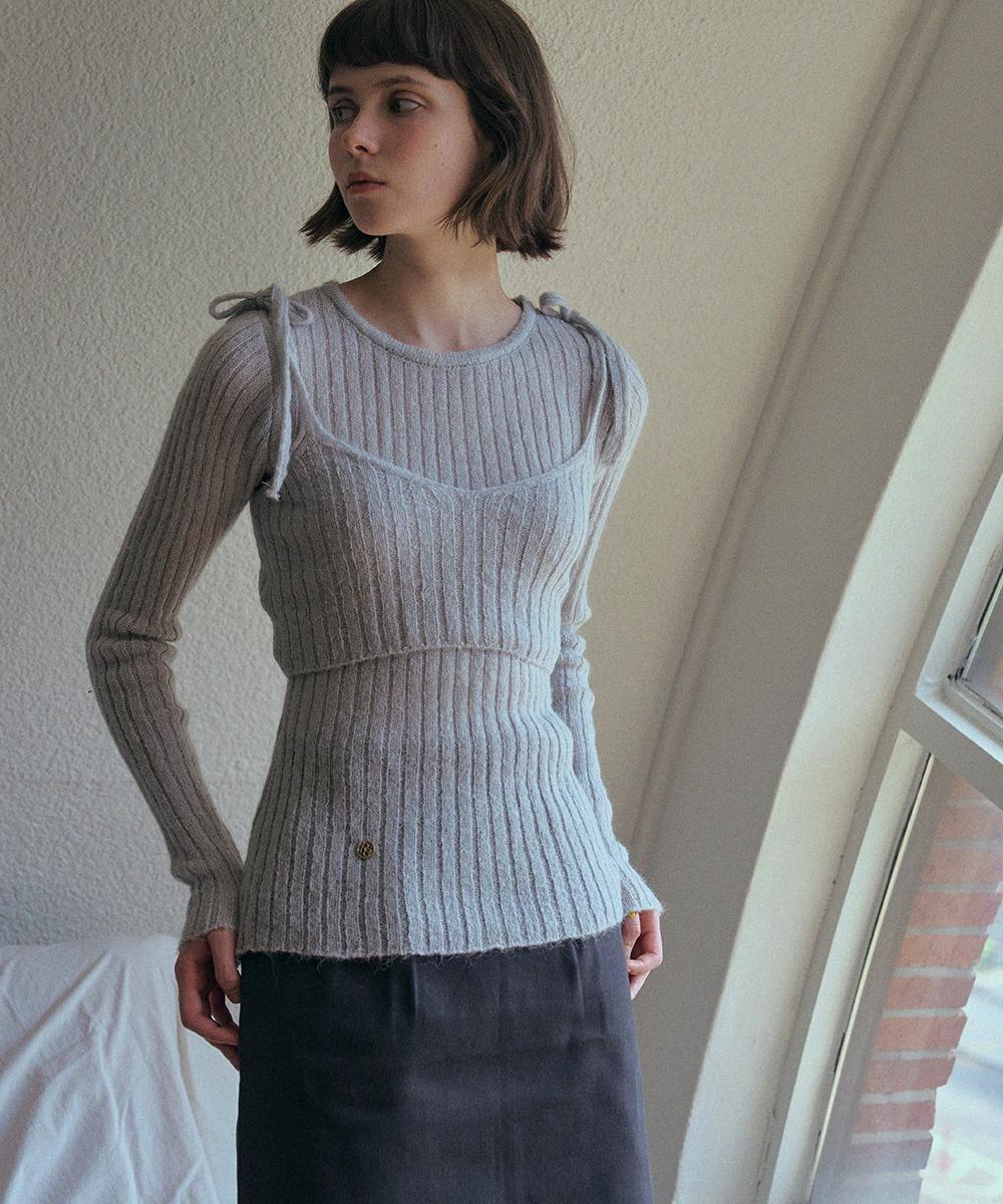 Hairy bustier knit set (Blue gray)