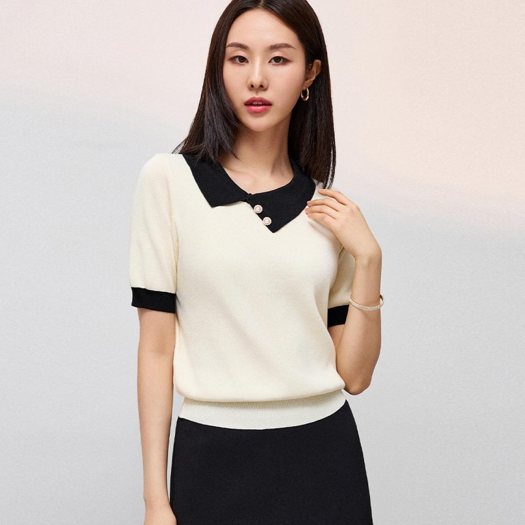 언발 카라 배색 포인트 반팔 니트