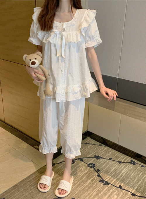 [당일출고]리본 화이트 미듐 프릴 공주 파자마 잠옷 세트