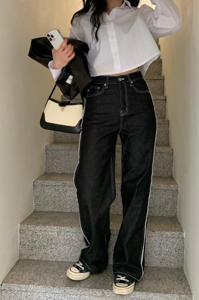 누적판매 190장) 수술 스티치 흑청 데님 pants 유니크 데일리 와이드