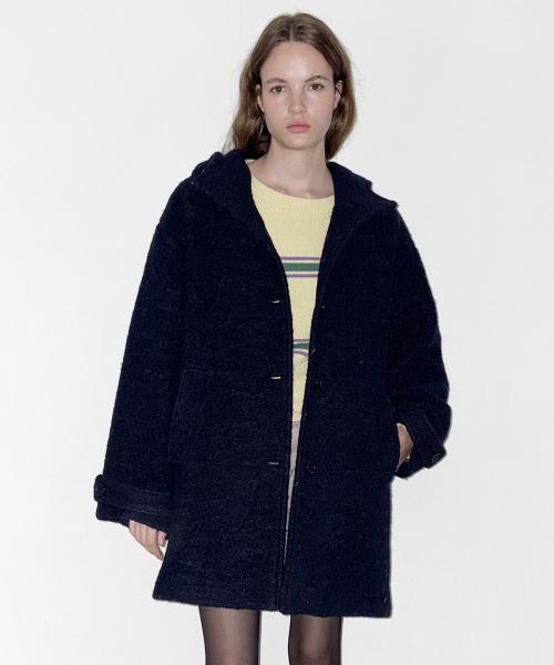 Loose-Fit Hoodie Wool Half Coat (Navy)