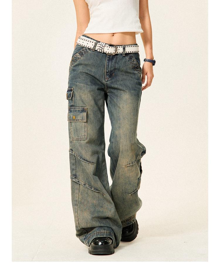 YOUNG STAGE Vintage Pleated Flared Work Jeans