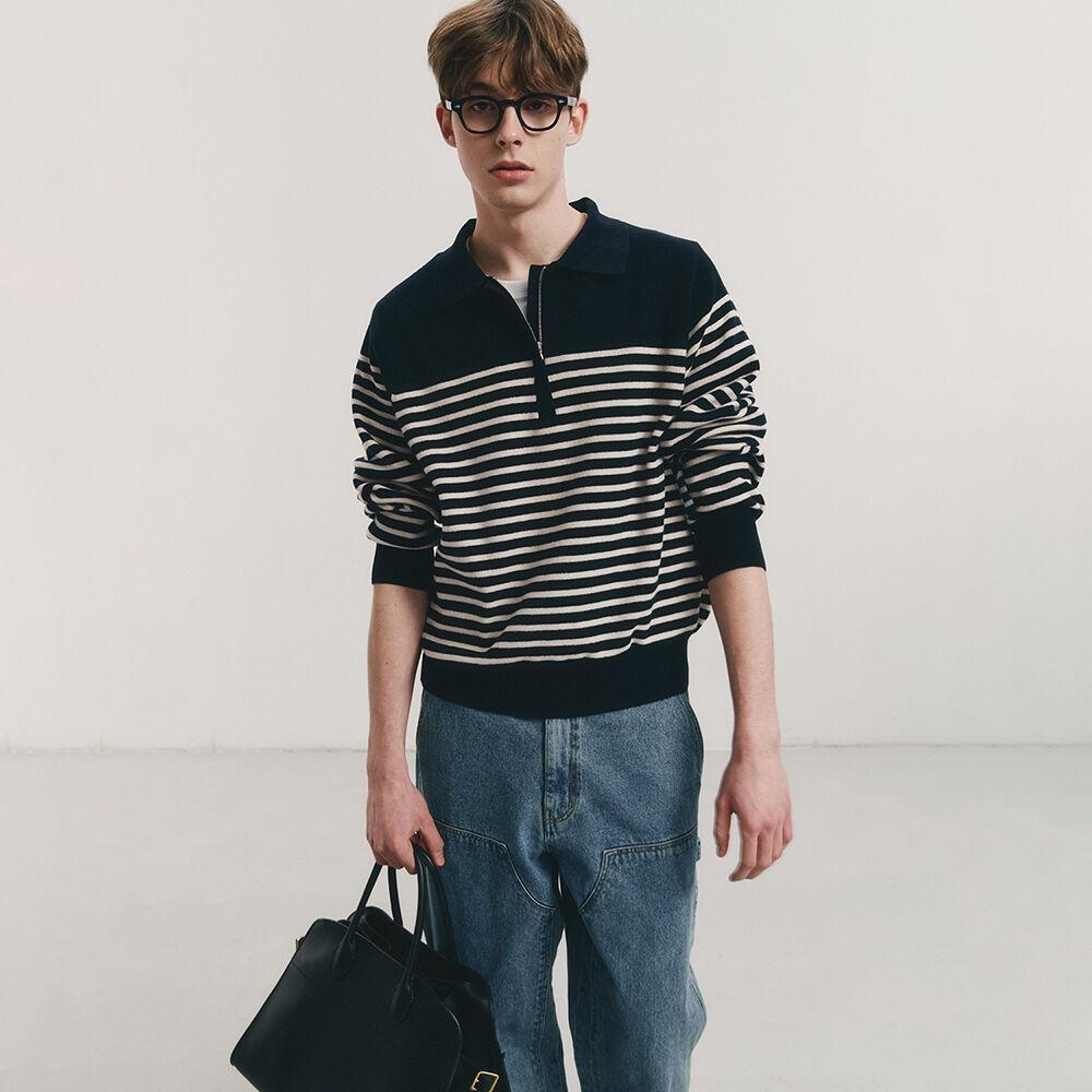 UNISEX STRIPED HALF ZIP-UP SWEATER FRENCH NAVY_M_UDSW4A103N2