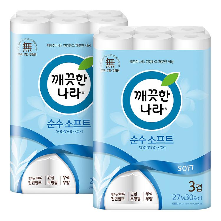 [깨끗한나라] 순수 소프트 롤화장지 27m X 30롤 X 2팩. 먼지 적은 깨끗한 화장지.