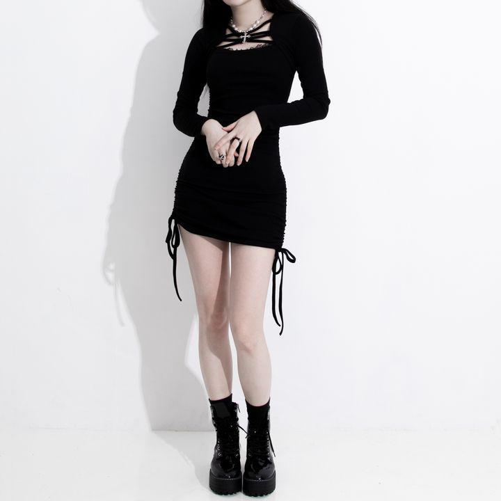 셔링 블랙 미니 원피스 클럽룩 시즈니룩