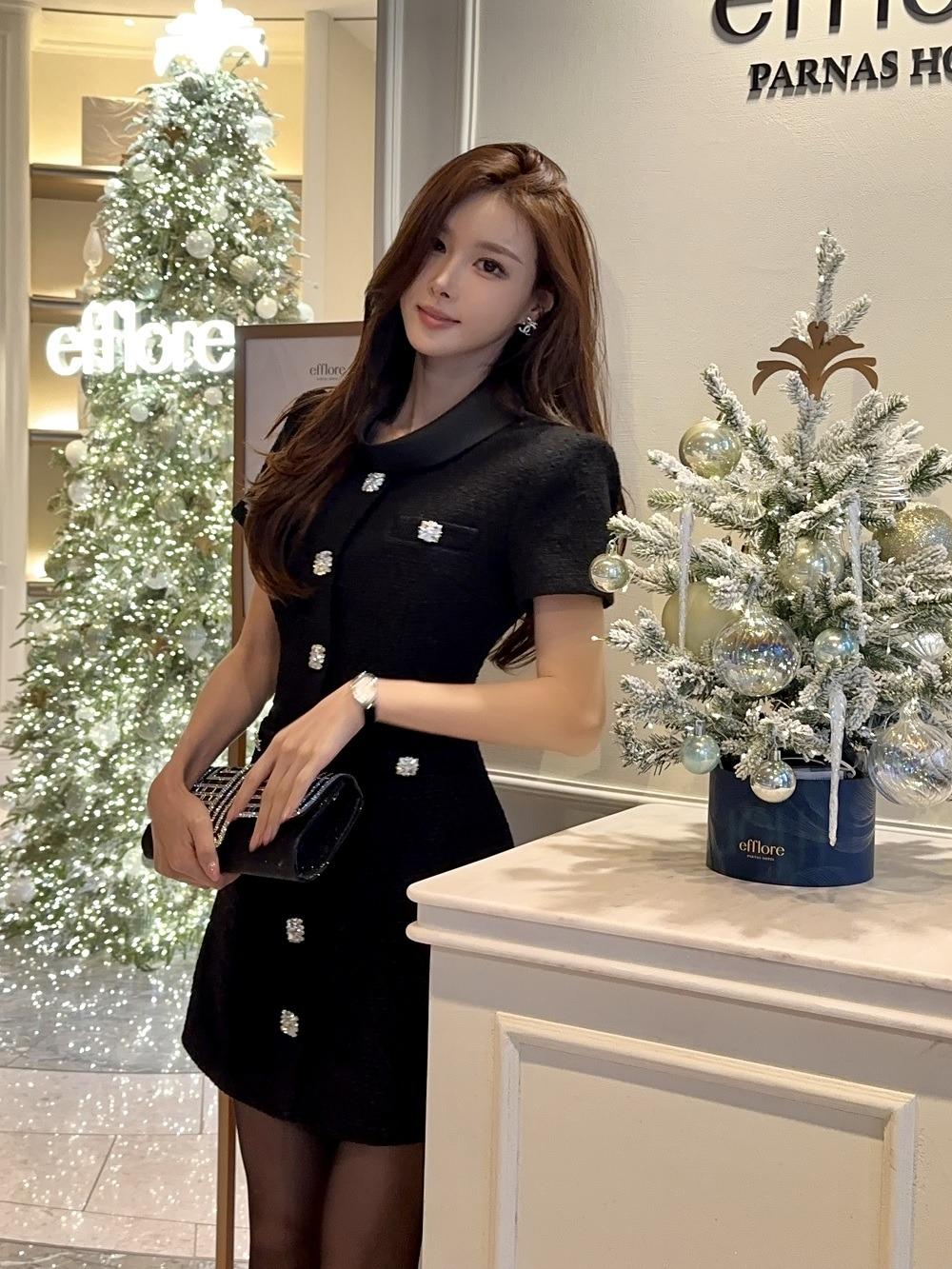 [M당일발송]새틴넥 큐빅 트위드 원피스