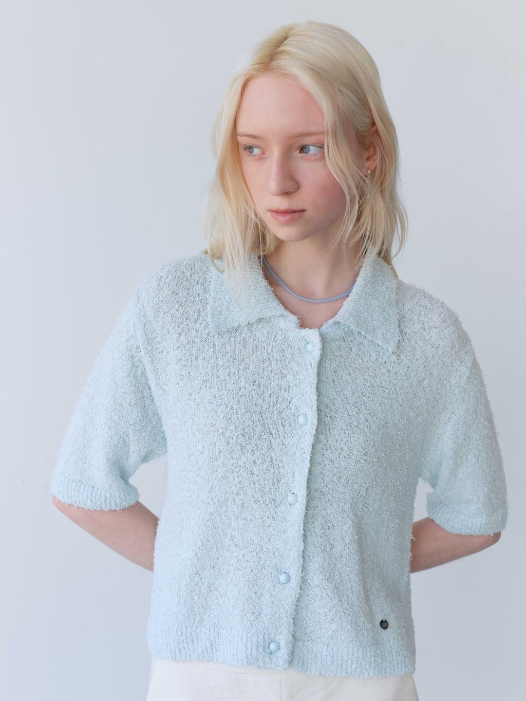 TEXTURED CROP COLLAR CARDIGAN [SHELL BUTTON DETAIL / SHORT SLEEVE]