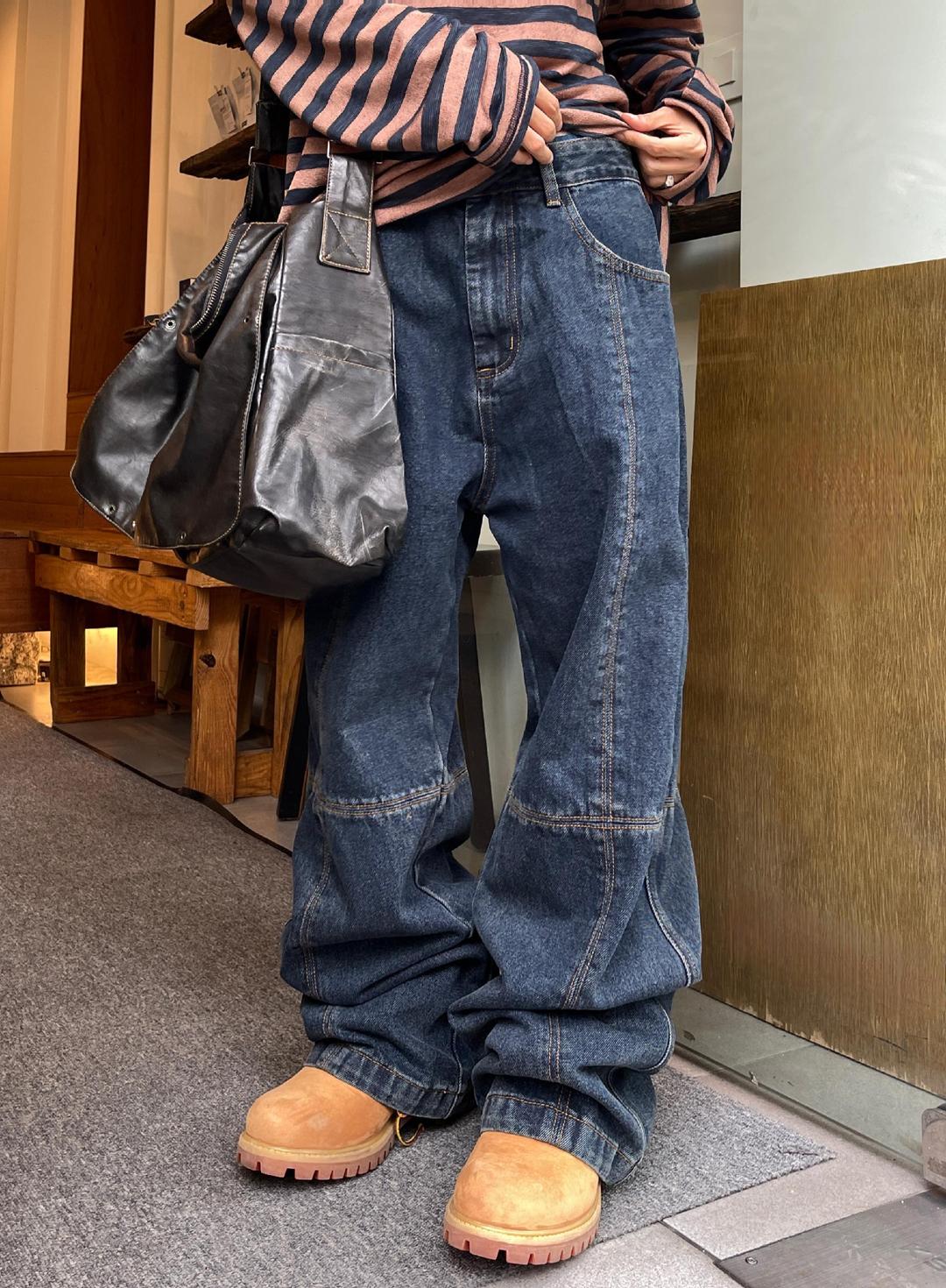 히니츠키 [히니츠키] 남녀공용 리바이 크로스 절개 스티치 데님 팬츠