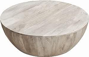The Urban Port 12-Inch Height Round Mango Wood Coffee Table, Subtle Grains, Distressed White