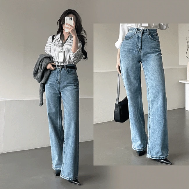 [실물존예핏👖] 가나다란 리마 인생핏 하이웨스트 중청 워싱 세미 부츠컷 데님 팬츠