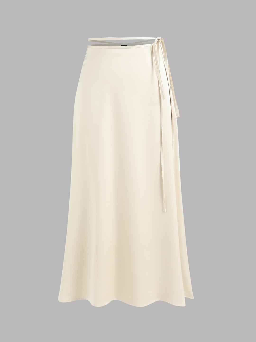 Knotted Solid Satin Midi Skirt