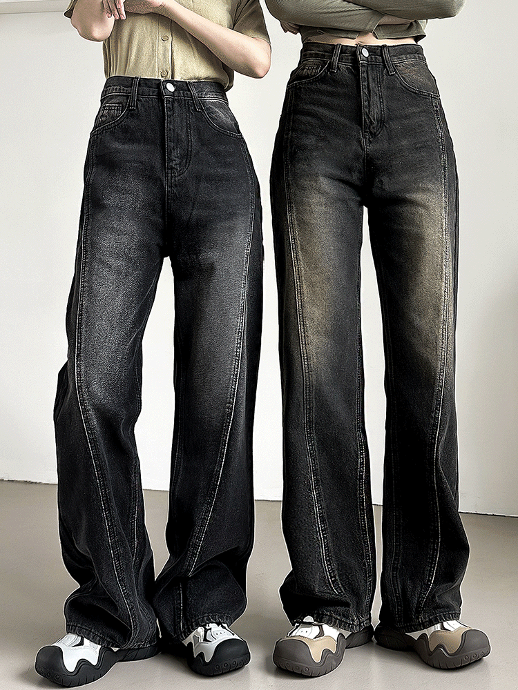 이너니티 당출🚀[숏/롱ver🖤2color] 하이웨스트 빈티지 흑청 워싱 절개라인 와이드 데님팬츠