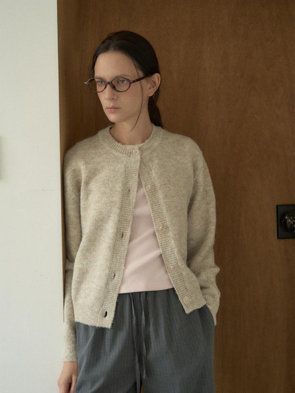 Flower Embroidery-button Cardigan, oatmeal