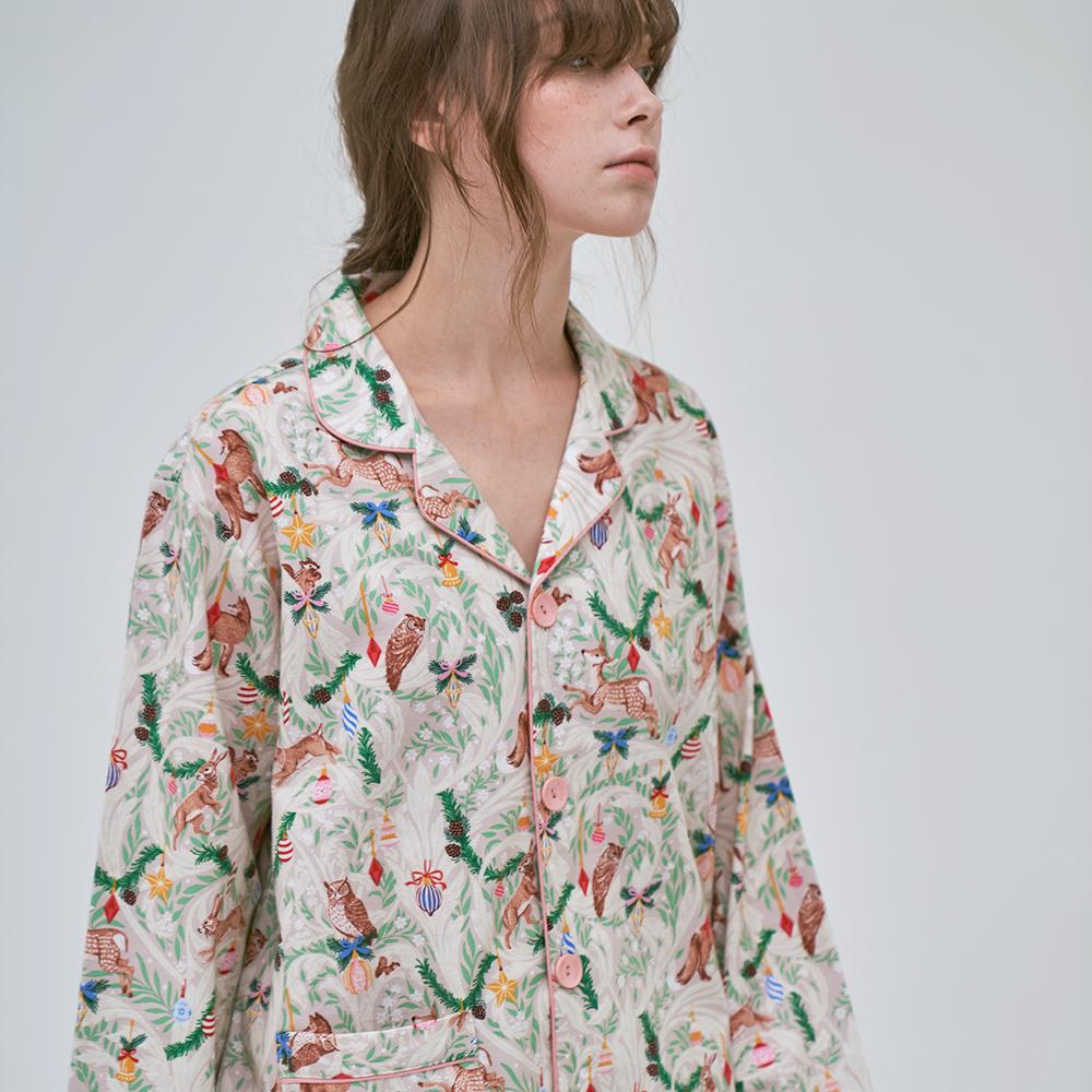 순면 홀리 크리스마스 패턴 긴팔 피치 기모 여성 잠옷