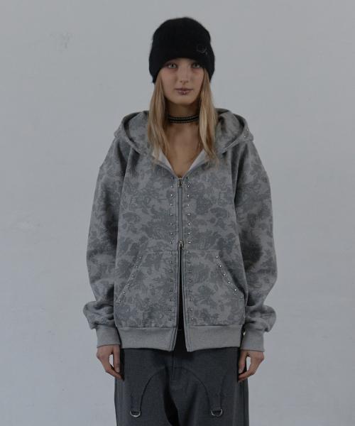FLOWER STUDDED HOODIE ZIP-UP / MELANGE GRAY