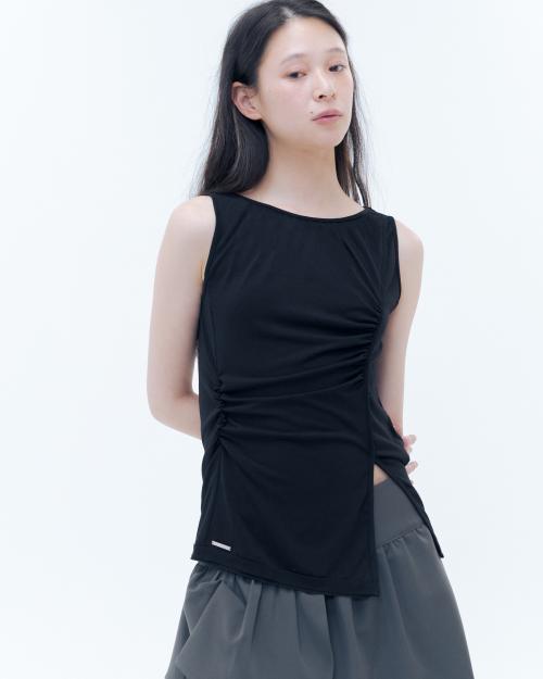 Oblique line shirring sleeveless BLACK