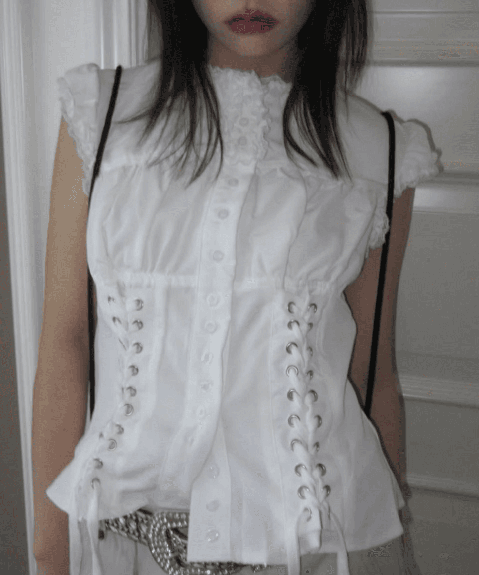 블루하츠 [발레코어/유니크] 아일렛 캡소매 레이스 스트랩 반팔 블라우스