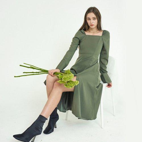 plain square neck cutout long dress khaki