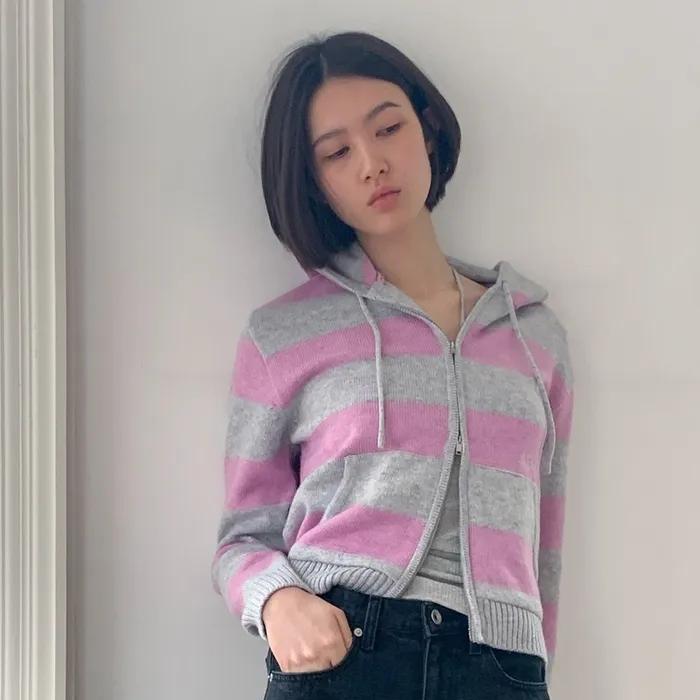 a stripe hoodie knit (pink)