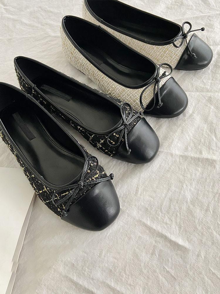 (225-270) 앞코 배색 콤비 트위드 리본 플랫슈즈 빅사이즈 발볼넓은 255 260