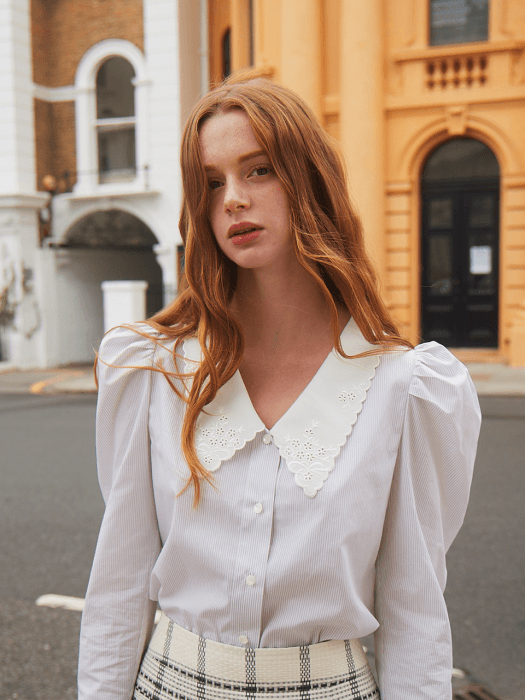 Point puff collar stripe blouse_beige