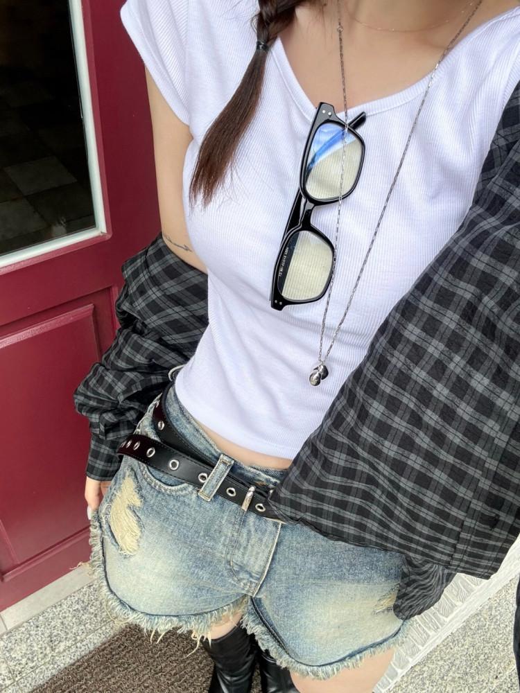 유넥 골지 크롭티 반팔 티셔츠