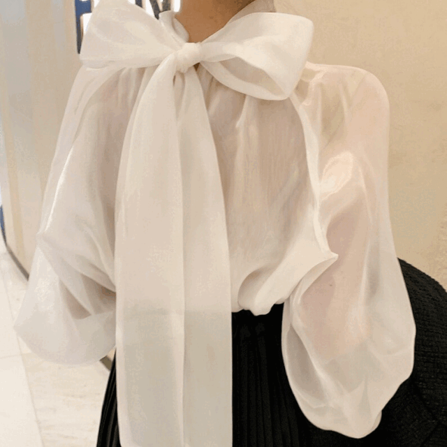 신상할인!오간자 백리본 블라우스 샤틴 쉬폰 시스루 뒷리본 스카프 타이 퍼프 긴팔 벌룬 소매