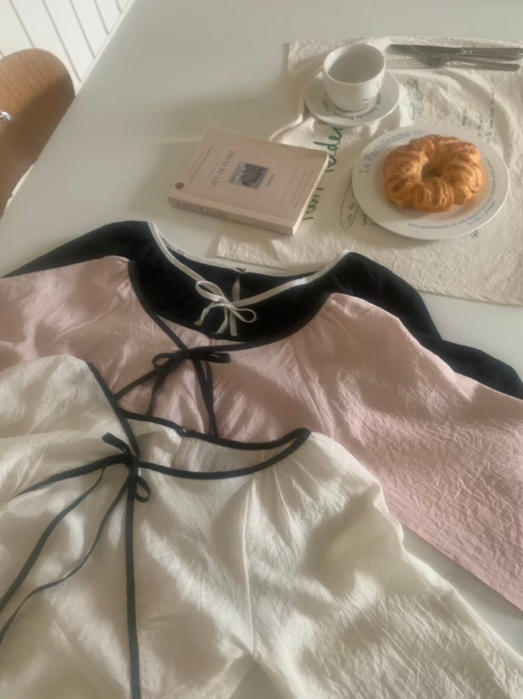 어텀 덴버 배색 리본끈 블라우스