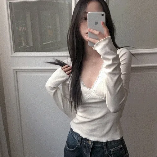[주문폭주🔥/대박이너템] 레이스 슬림 골지 긴팔티 (2color)