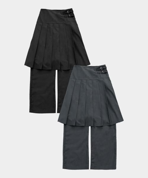 투 버클 플리츠 미디 스커트 레이어드 와이드 팬츠 _2COLOR