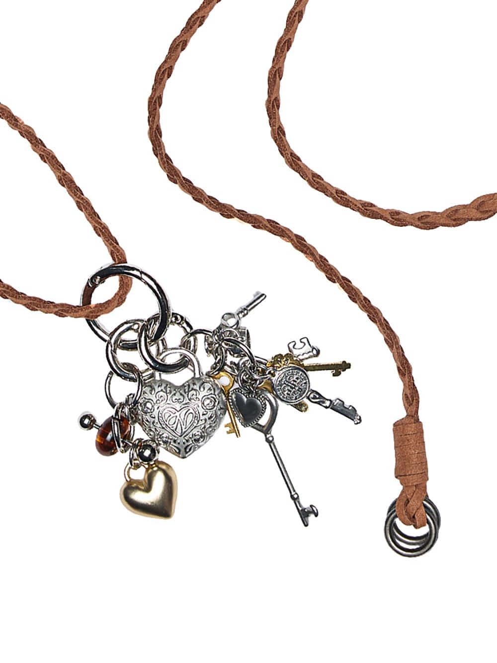 Leather Strap Heart Key Long Necklace (2color)