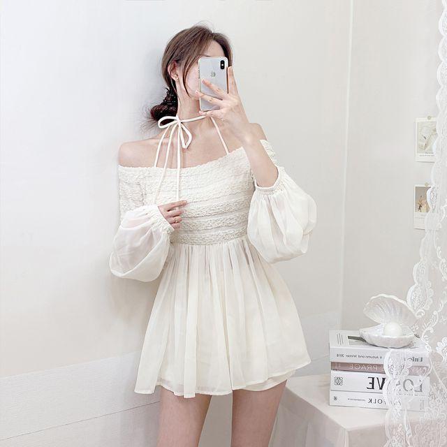 [발레복st/청순여리핏!] 바비 엔젤 쉬폰 오프숄더 블라우스 (미니원피스)