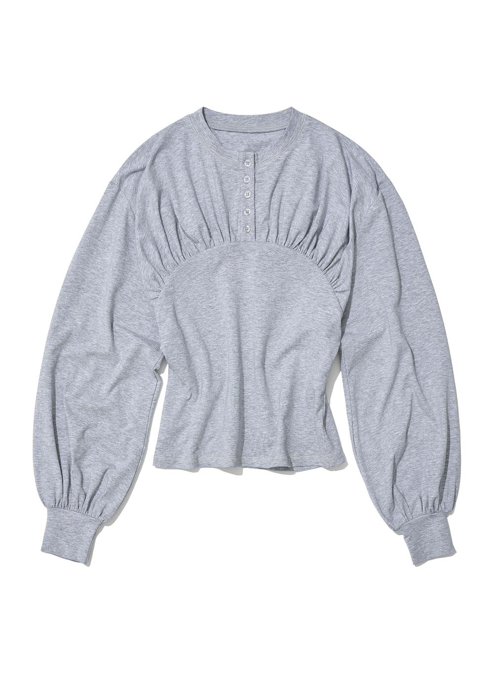 [WOMEN] SHIRRING HENLEY NECK LONG SLEEVE TEE_MELANGE