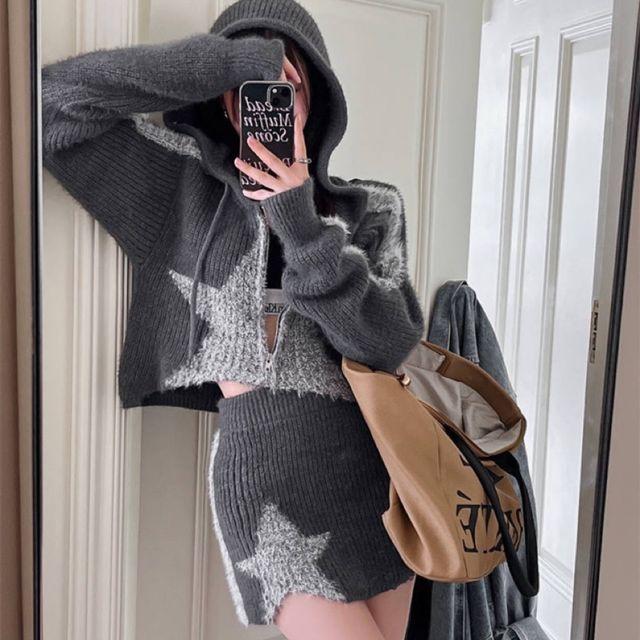 [특가/주문폭주] 니트 스타 크롭 후드 집업 스커트 퍼 투피스