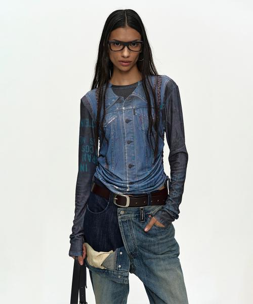 DENIM COLLAGE PRINTED TOP atb1473w(DARK NAVY)