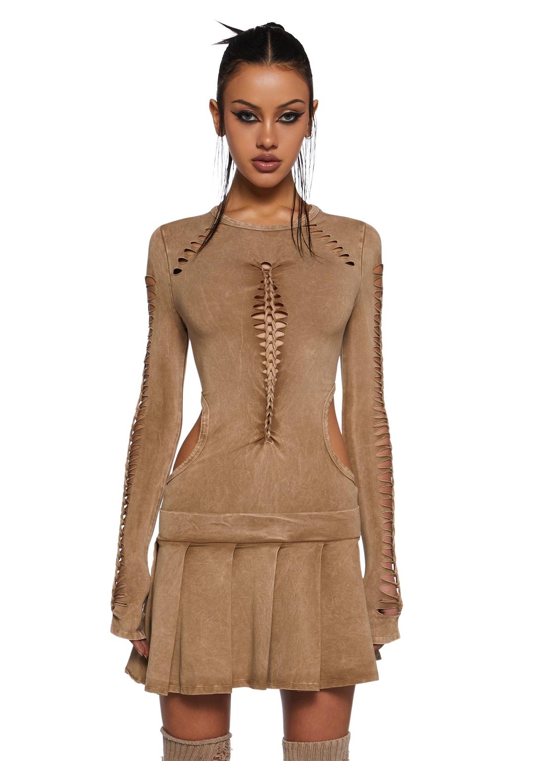 Into It Shredded Mini Dress - Gold - GOLD / Small