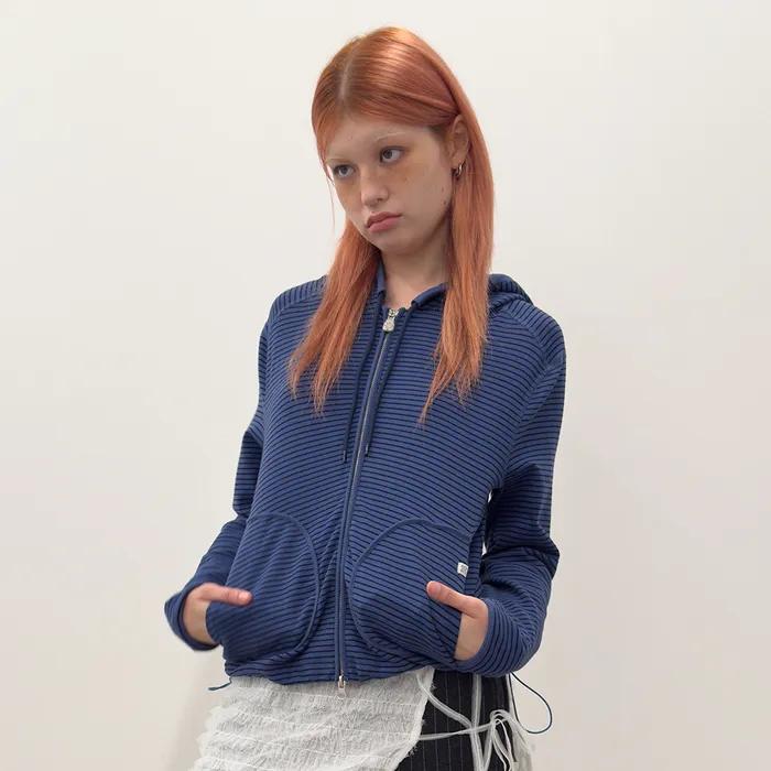 Striped Pocket Zip Hoodie [Blue]