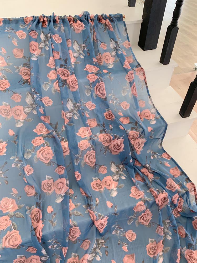 blue rose flower curtain 블루 로즈 플라워 빈티지 커튼 레트로 꽃무늬