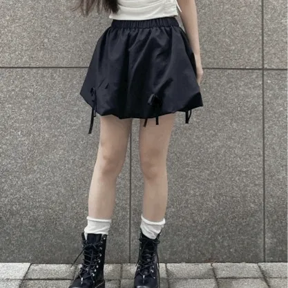 (2color)Kitsch balloon ribbon skirt/키치 벌룬 미니스커트 호박치마 리본 포인트 발레코어 셔링 주름 밴딩 미니멀 무채색 러블리 협찬 치마 카키 블랙
