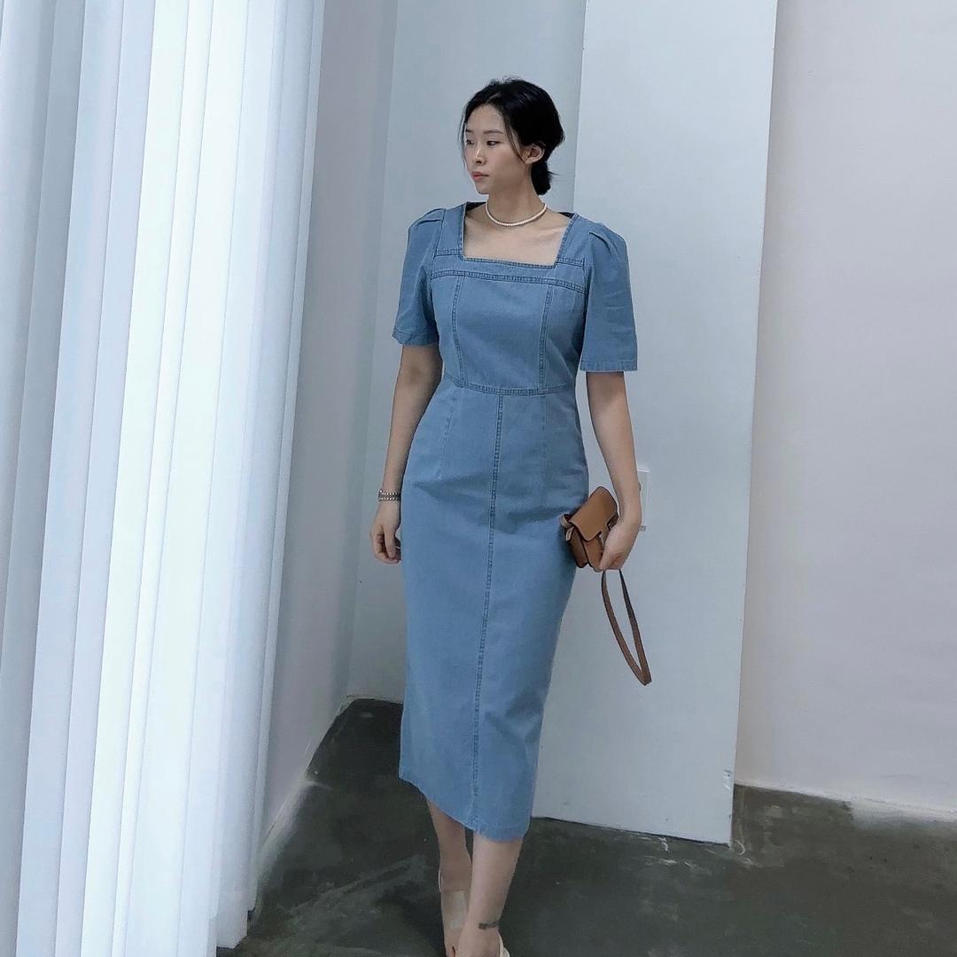 *핏예쁨! 강추* 라인 스퀘어넥 데님 청 원피스