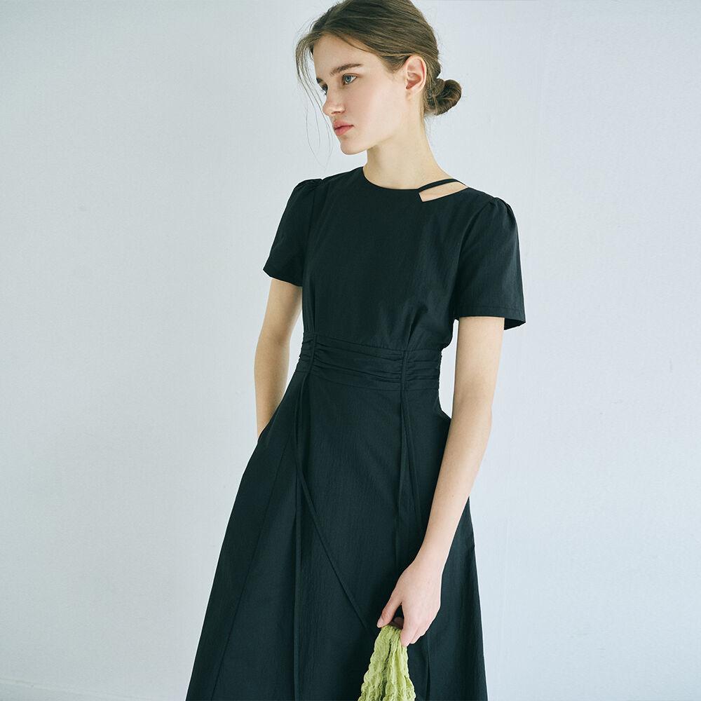 Neck Cut-Out Shirring Dress, Black