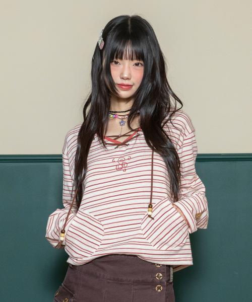 WXT084 나미 스트라이프 브이넥 롱슬리브 (PINK)