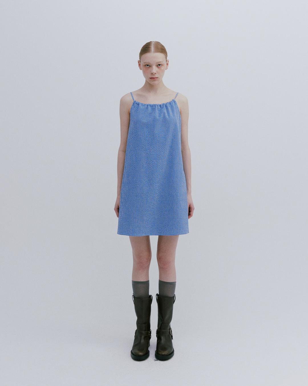 MINI CHECK HALTERNECK DRESS / BLUE