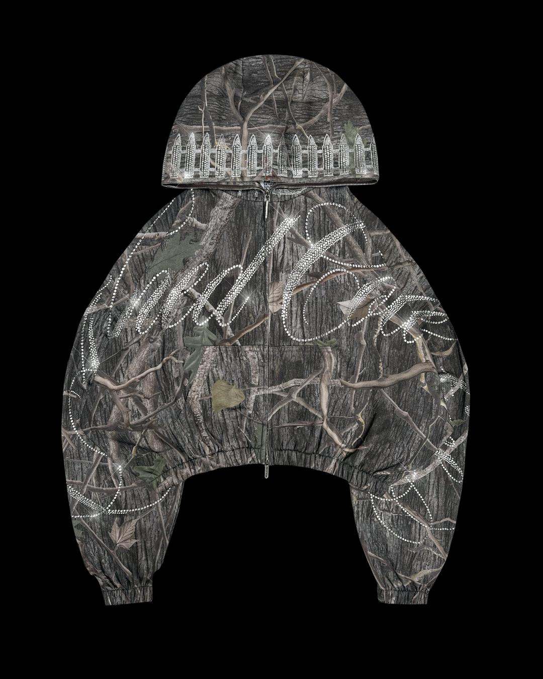 ENEMY RHINESTONE CROP ZIP HOODIE TREE CAMO - XS