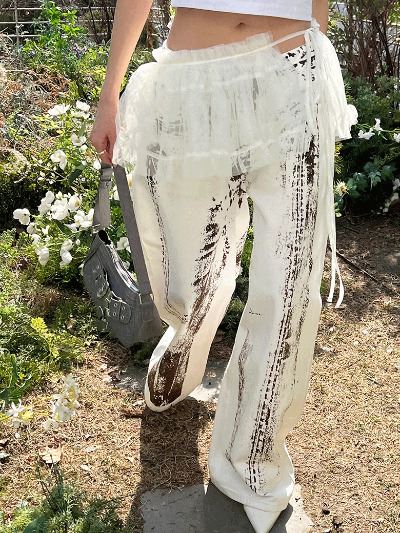 [주문폭주,12차 입고,UNISEX] 페인트 와이드 화이트 데님 팬츠