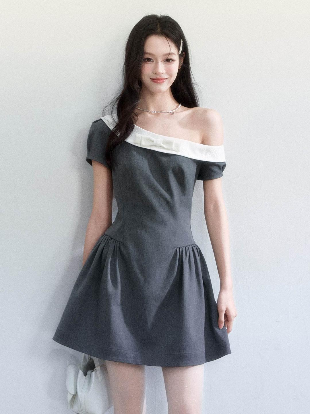 [FRAGILE HEART] Oblique Off-Shoulder Ribbon Flare Dress