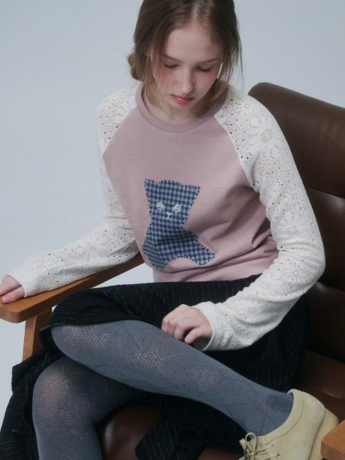 PATCHWORK LACE RAGLAN TOP, PINK