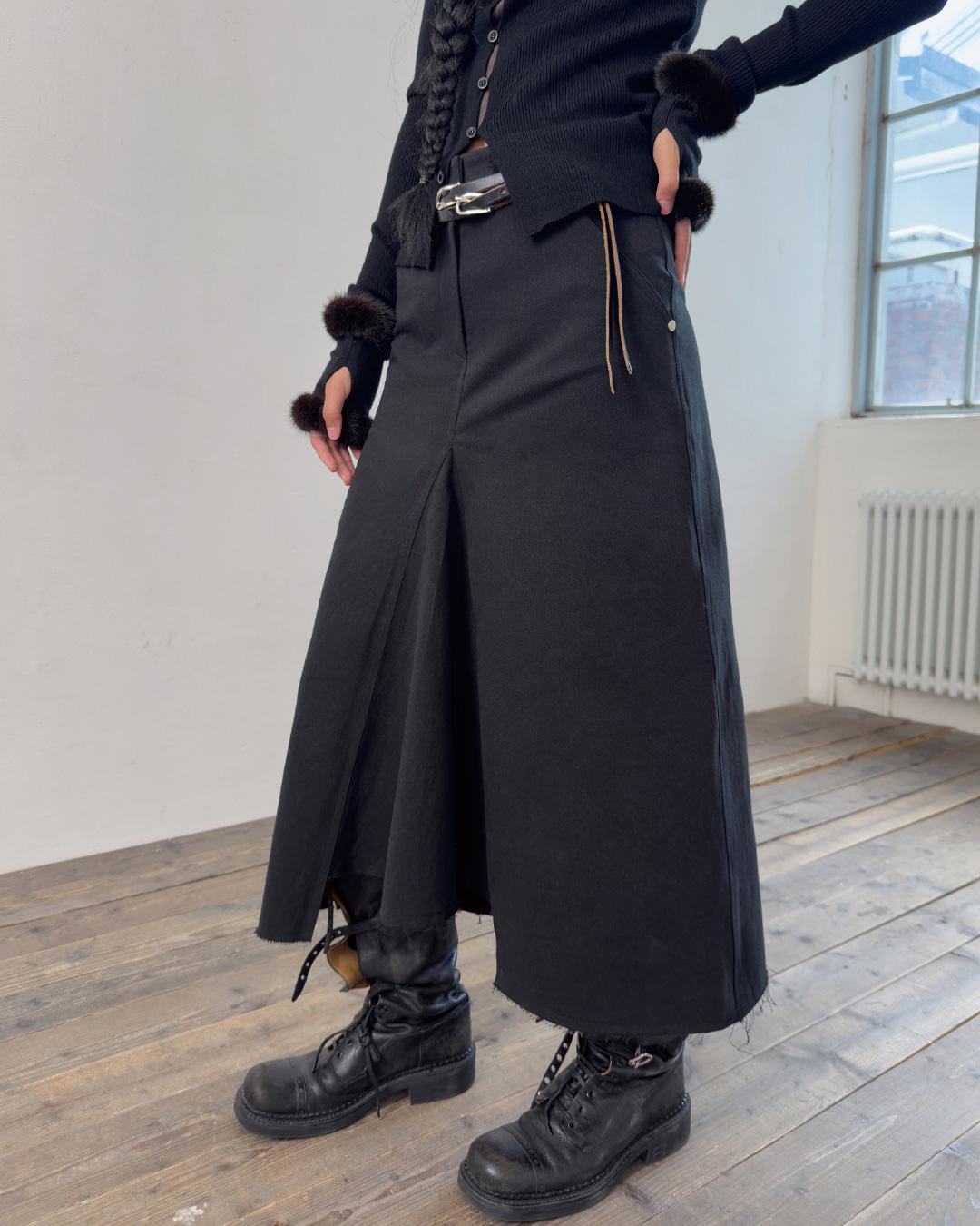 A-LINE COTTON SLIT SKIRT-BLACK