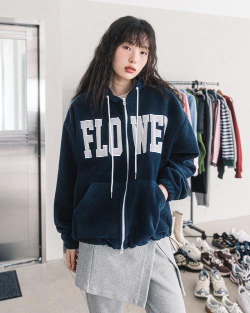 FLOWER FLEECE ZIP UP HOOD(NAVY)