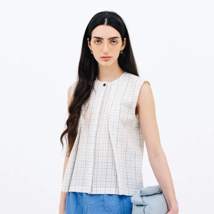 tuck sleeveless blouse_check blue